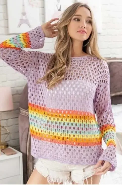 BiBi Purple Rainbow Striped Open Knit Crochet Sweater - Picture 4 of 7